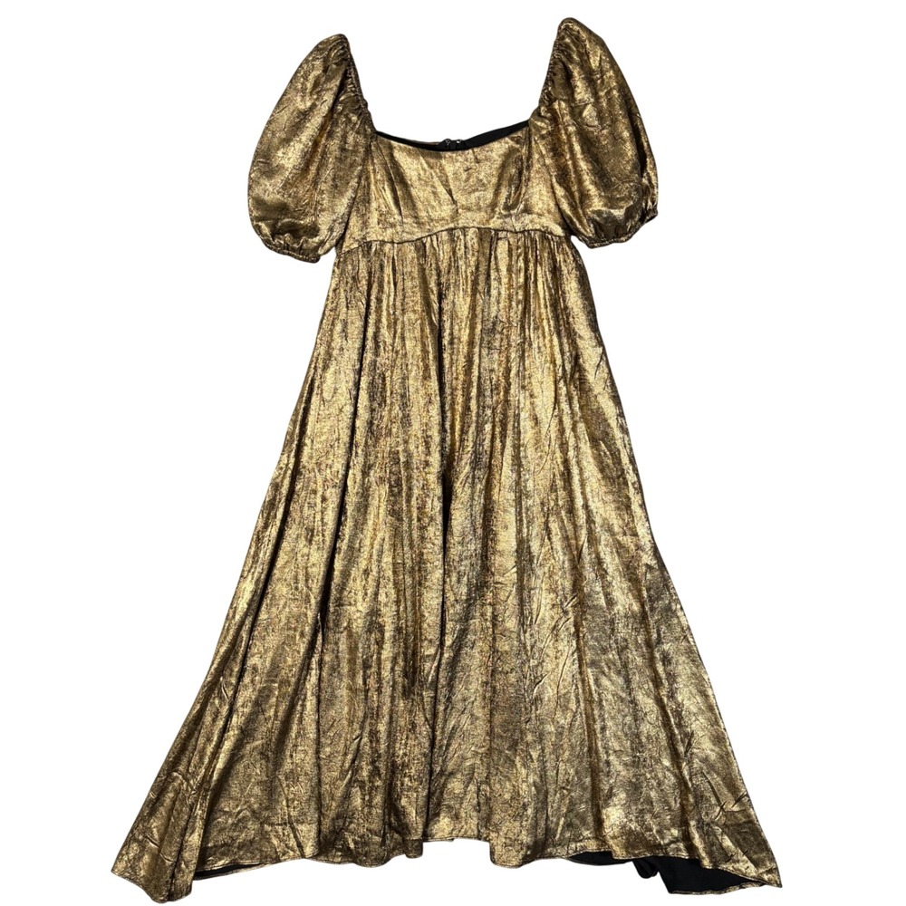 Moon River Gold Metallic Puff Sleeve Empire Waist Midi Dress M NEW Bridgerton